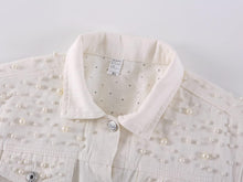 Load image into Gallery viewer, Women&#39;s White Denim Pearl Studded Long Sleeve Jacket