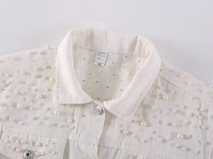 Women's White Denim Pearl Studded Long Sleeve Jacket