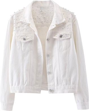 Women's White Denim Pearl Studded Long Sleeve Jacket