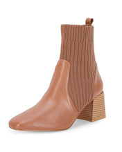 Load image into Gallery viewer, Light Coffee Leather Knit Chunky Heel Ankle Boots