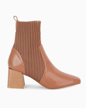 Load image into Gallery viewer, Light Coffee Leather Knit Chunky Heel Ankle Boots