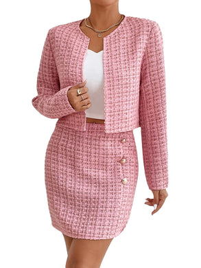 Light Pink Plaid Tweed Blazer Jacket & Skirt Set
