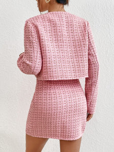 Light Pink Plaid Tweed Blazer Jacket & Skirt Set