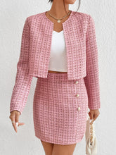 Load image into Gallery viewer, Light Pink Plaid Tweed Blazer Jacket &amp; Skirt Set