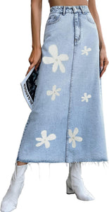 Blue Denim Flower Printed Maxi Skirt