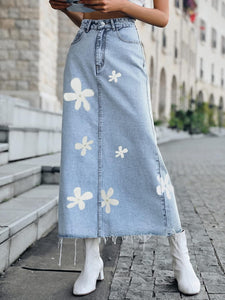Blue Denim Flower Printed Maxi Skirt