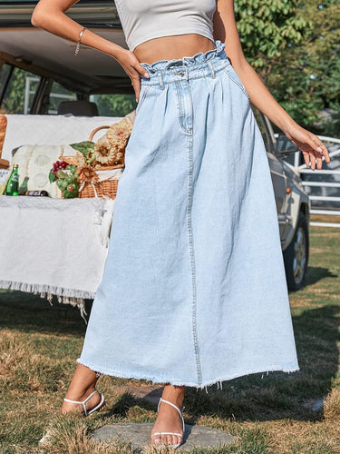 Light Blue Ruffled Waist Denim Maxi Skirt