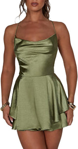 Sage Green Satin Draped Sleeveless Ruffled Mini Dress