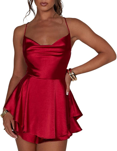 Red Satin Draped Sleeveless Ruffled Mini Dress