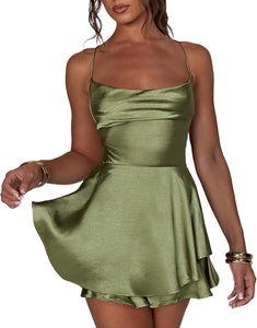 Sage Green Satin Draped Sleeveless Ruffled Mini Dress