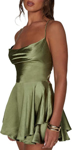 Sage Green Satin Draped Sleeveless Ruffled Mini Dress