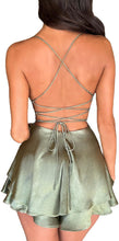 Load image into Gallery viewer, Sage Green Satin Draped Sleeveless Ruffled Mini Dress