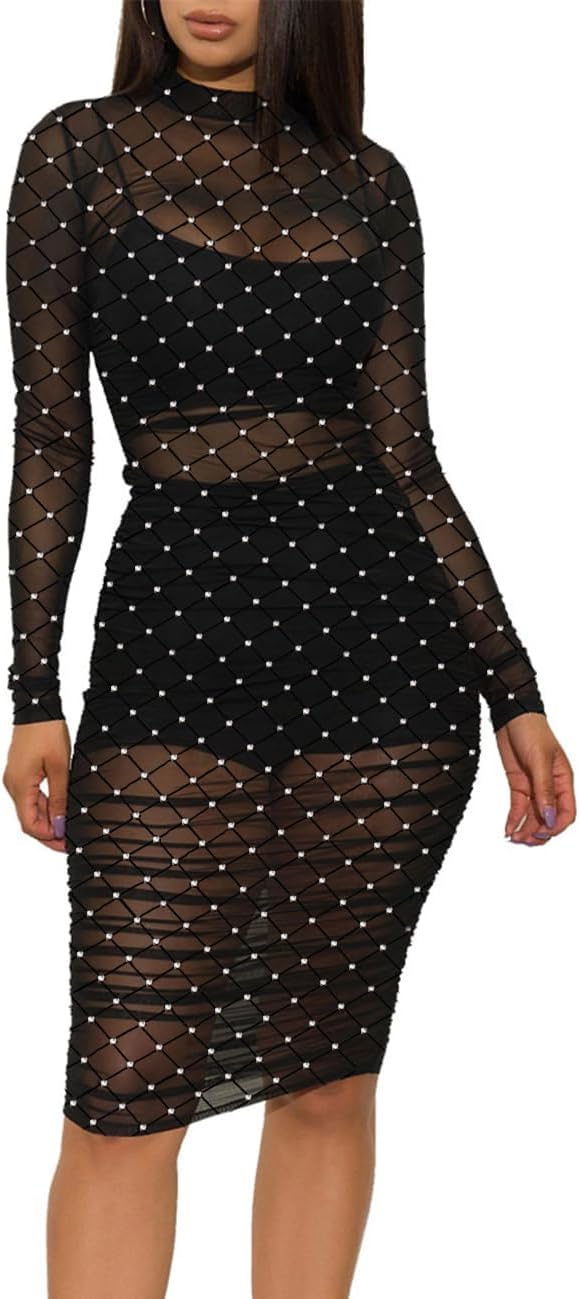 Black Sparkle Mesh Long Sleeve Dress