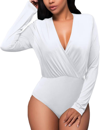 White Knit V Neck Long Sleeve Bodysuit