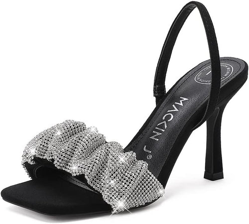 Black Rhinestone Ankle Strap Open Toe Sandals