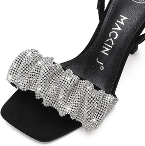 Black Rhinestone Ankle Strap Open Toe Sandals