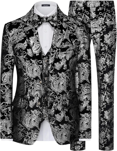 Men's Black Floral Glitter 2pc Wedding Tuxedo Formal Suit