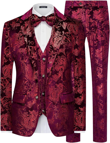 Men's Red Floral Glitter 2pc Wedding Tuxedo Formal Suit