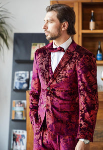 Men's Red Floral Glitter 2pc Wedding Tuxedo Formal Suit