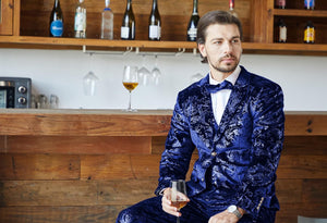 Men's Royal Blue Floral Glitter 2pc Wedding Tuxedo Formal Suit