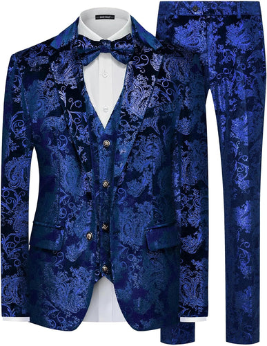 Men's Royal Blue Floral Glitter 2pc Wedding Tuxedo Formal Suit