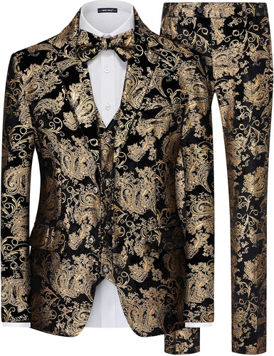 Men's Gold Floral Glitter 2pc Wedding Tuxedo Formal Suit