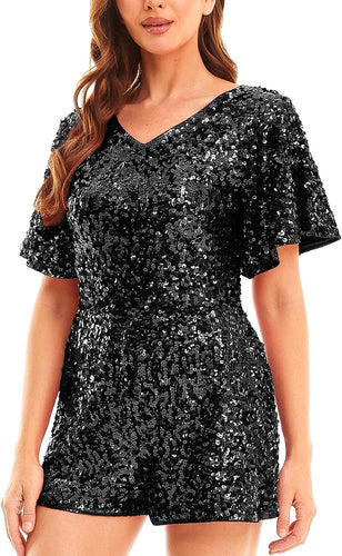 Black Sequin Short Sleeve Shorts Romper