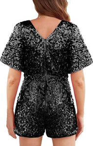 Black Sequin Short Sleeve Shorts Romper