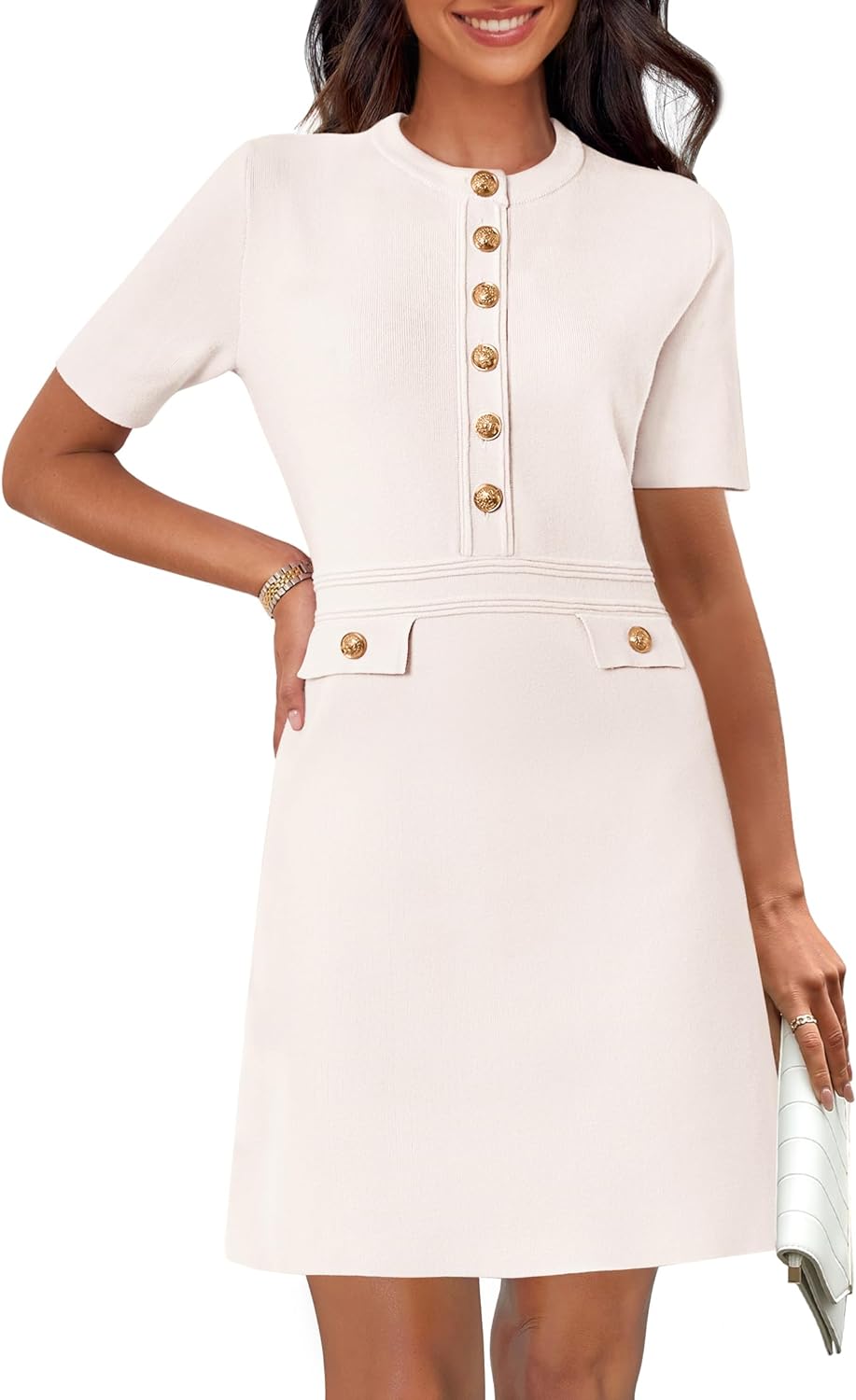 Designer Style Gold Button Resort Ivory White Short Sleeve Dress