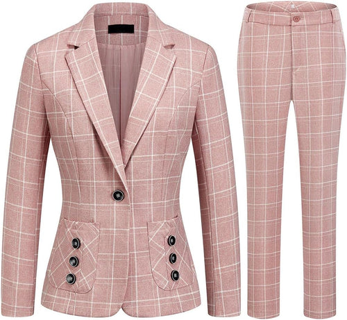 Stylish Plaid Pink Women's 2pc Business Button Pocket Blazer & Pants Set