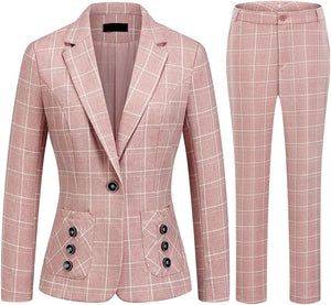Stylish Plaid Pink Women's 2pc Business Button Pocket Blazer & Pants Set