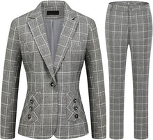 Load image into Gallery viewer, Stylish Plaid Grey Women&#39;s 2pc Business Button Pocket Blazer &amp; Pants Set
