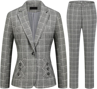Stylish Plaid Grey Women's 2pc Business Button Pocket Blazer & Pants Set