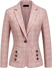 Load image into Gallery viewer, Stylish Plaid Pink Women&#39;s 2pc Business Button Pocket Blazer &amp; Pants Set