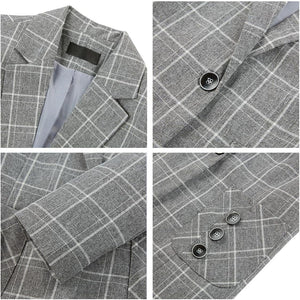 Stylish Plaid Grey Women's 2pc Business Button Pocket Blazer & Pants Set
