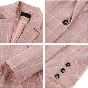 Stylish Plaid Pink Women's 2pc Business Button Pocket Blazer & Pants Set