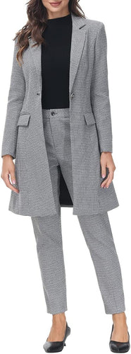 Polished Women's Grey Plaid Long Business Blazer & Pants Suit Set