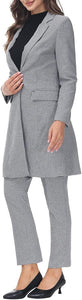 Polished Women's Navy Blue Plaid Long Business Blazer & Pants Suit Set