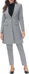 Polished Women's Grey Plaid Long Business Blazer & Pants Suit Set