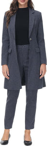 Polished Women's Navy Blue Plaid Long Business Blazer & Pants Suit Set