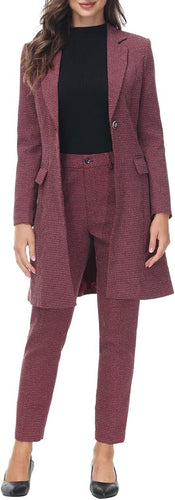 Polished Women's Red Plaid Long Business Blazer & Pants Suit Set