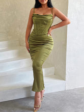 Load image into Gallery viewer, French Style Olive Green Corset Draped Satin Sleeveless Dress