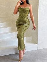 Load image into Gallery viewer, French Style Olive Green Corset Draped Satin Sleeveless Dress