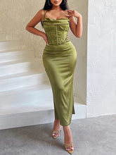 Load image into Gallery viewer, French Style Olive Green Corset Draped Satin Sleeveless Dress