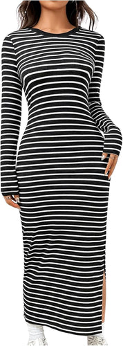 Black Striped Long Sleeve Knit Maxi Dress