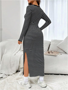 Black Striped Long Sleeve Knit Maxi Dress