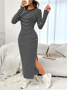 Black Striped Long Sleeve Knit Maxi Dress