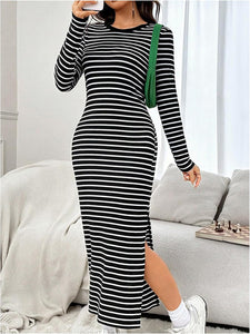 Black Striped Long Sleeve Knit Maxi Dress