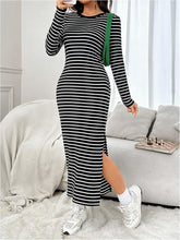 Load image into Gallery viewer, Black Striped Long Sleeve Knit Maxi Dress