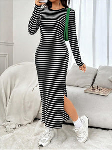 Black Striped Long Sleeve Knit Maxi Dress